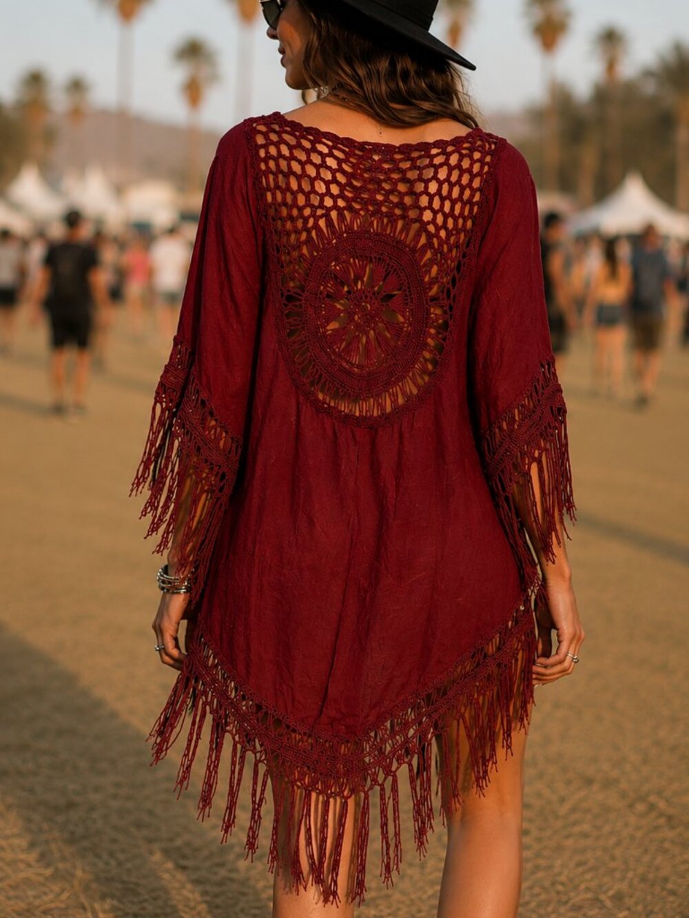 Boho Fringe Crochet Open-Front Kimono - Burgundy Cowgirl, Whimsigoth